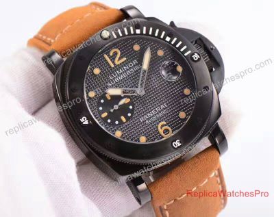 Replica Panerai Submersible Textured Dial Black PVD Brown leather